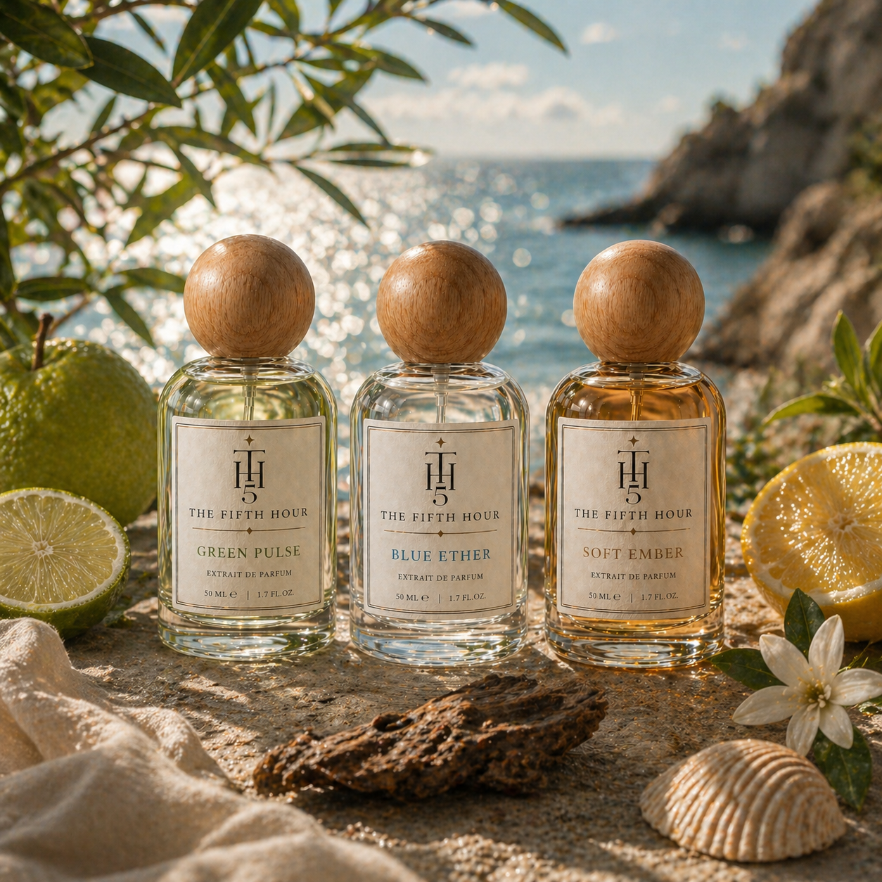 Three Fifth Hour Extrait de Parfum bottles by the sea